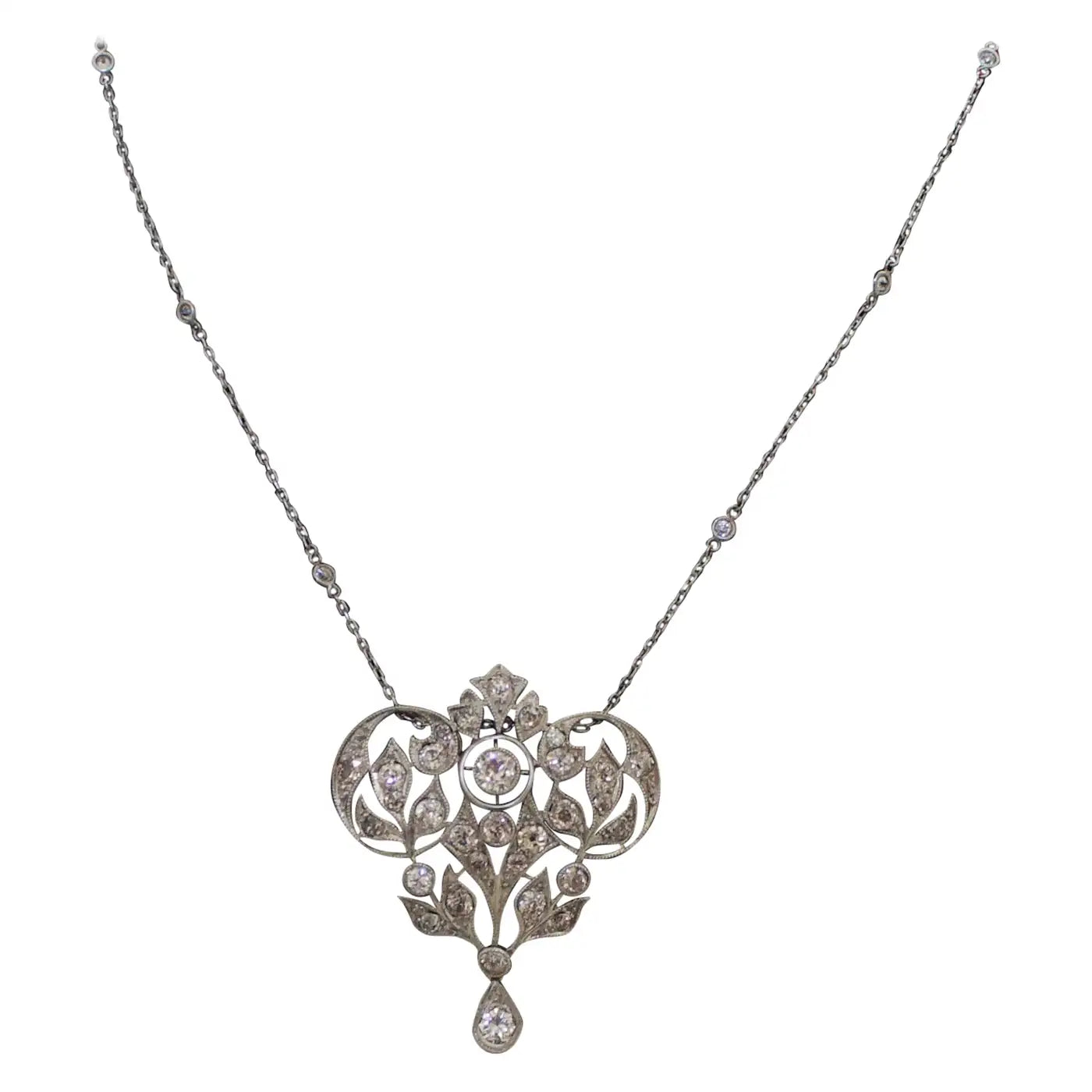 Vintage Diamond and 14K White Gold Open Heart Necklace