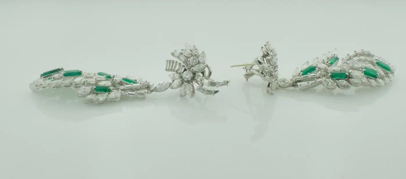 Circa 1950's Dangling Diamond and Emerald Earrings in Platinum