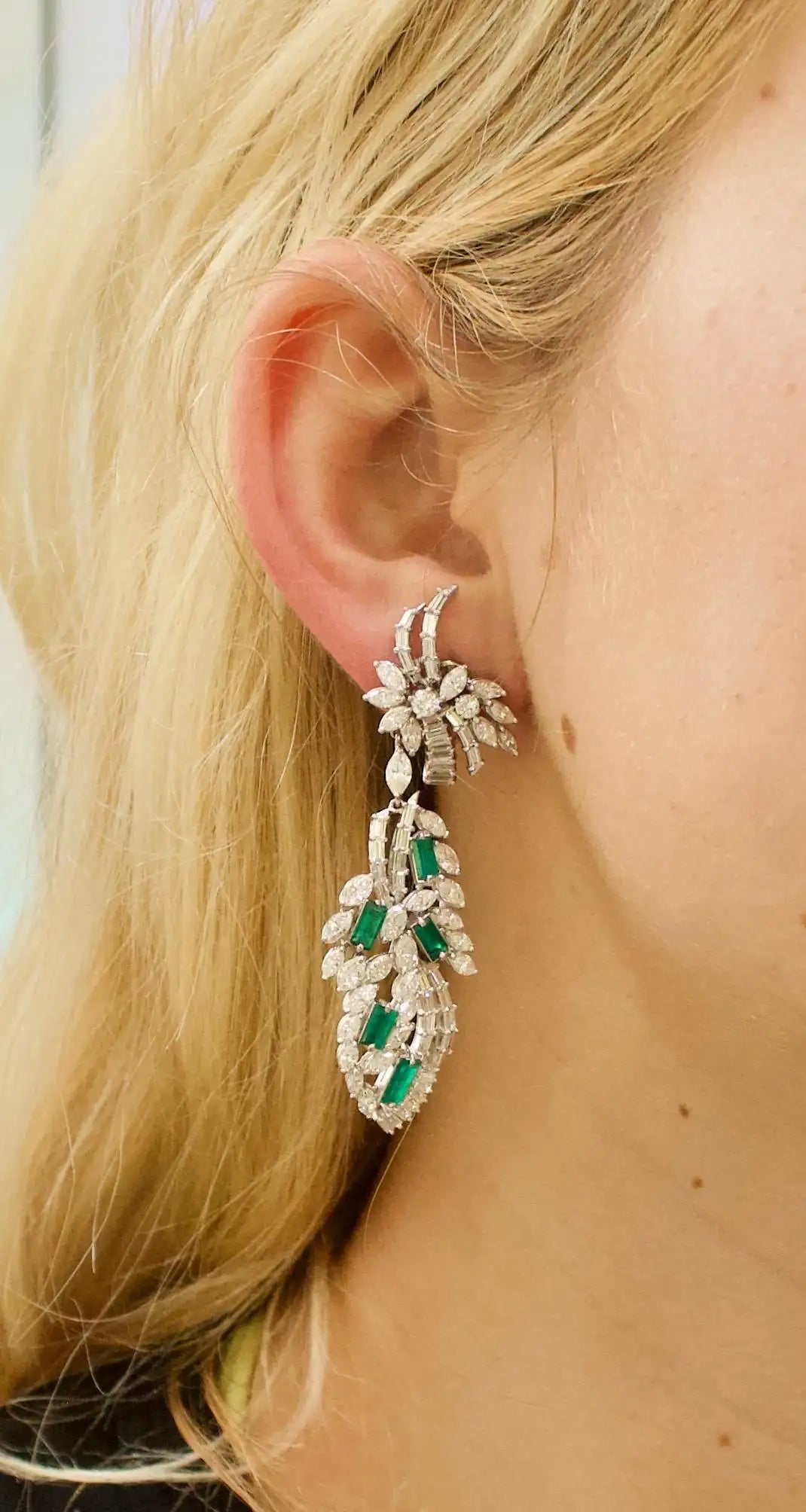 Circa 1950's Dangling Diamond and Emerald Earrings in Platinum