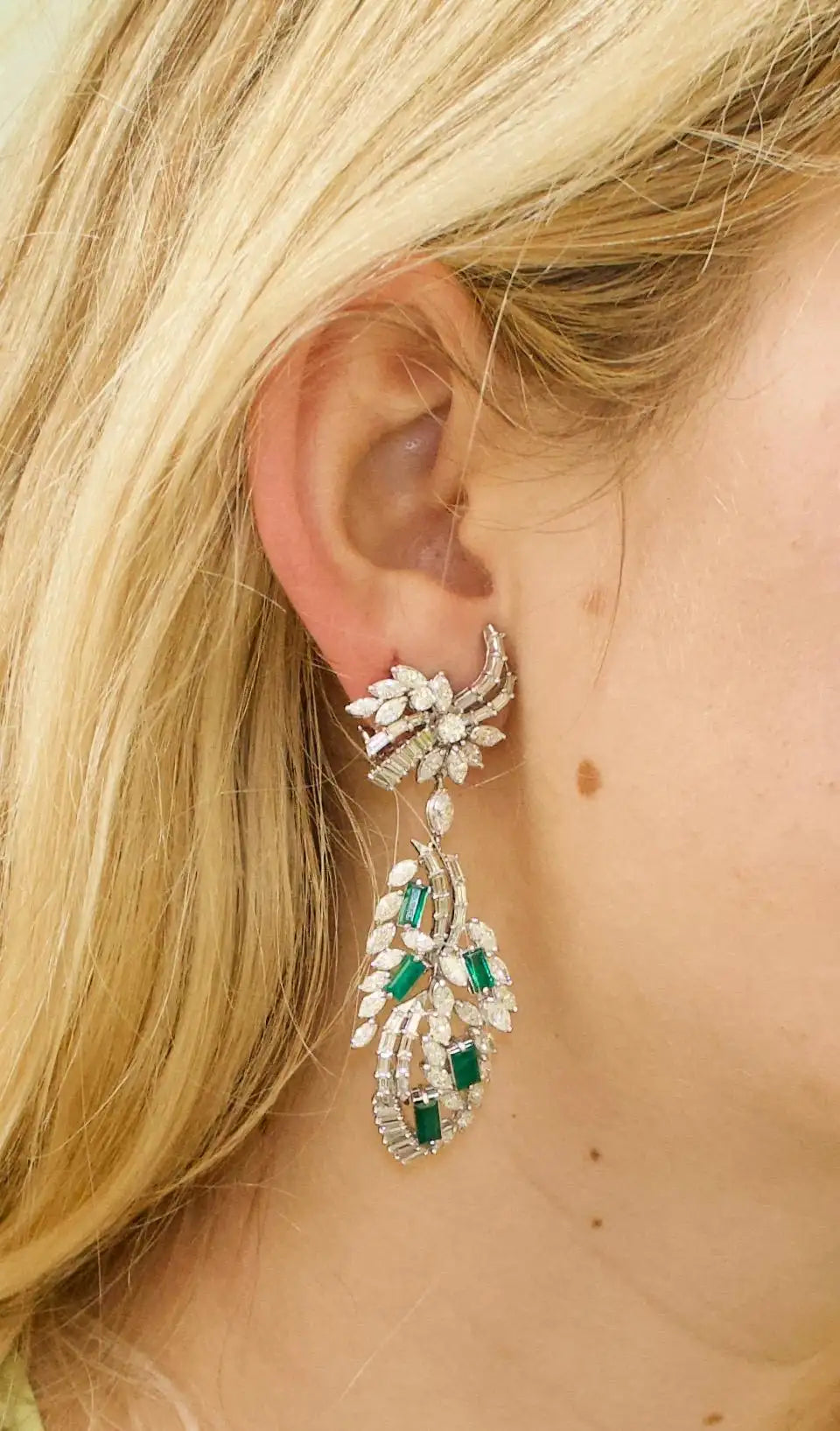 Circa 1950's Dangling Diamond and Emerald Earrings in Platinum