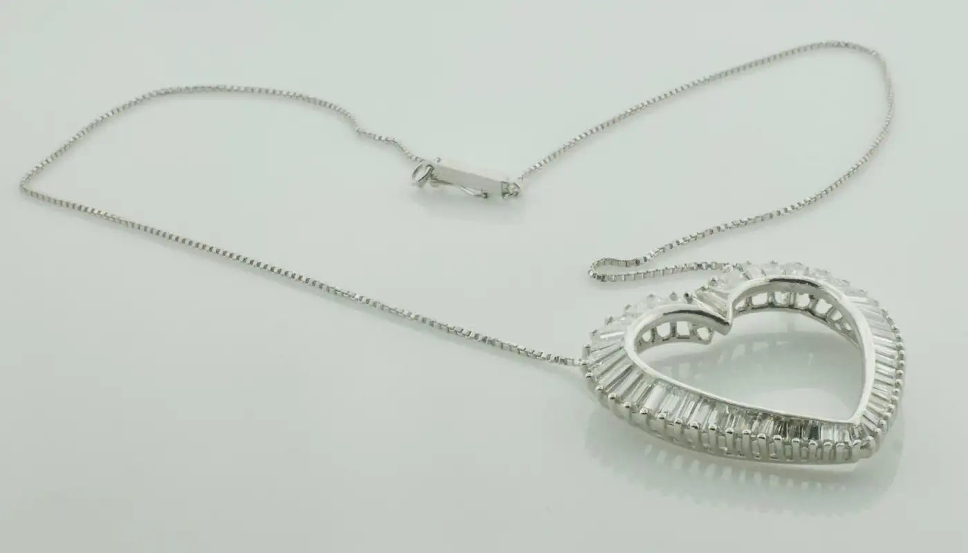 Platinum Diamond Baguette Heart Necklace 3.00 Carats Circa 1960's