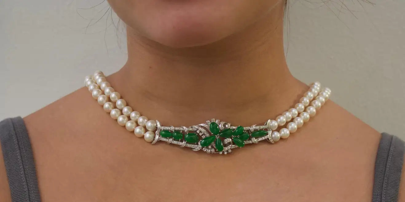 Jade Diamond and Pearl Strand Necklace Circa 1950's