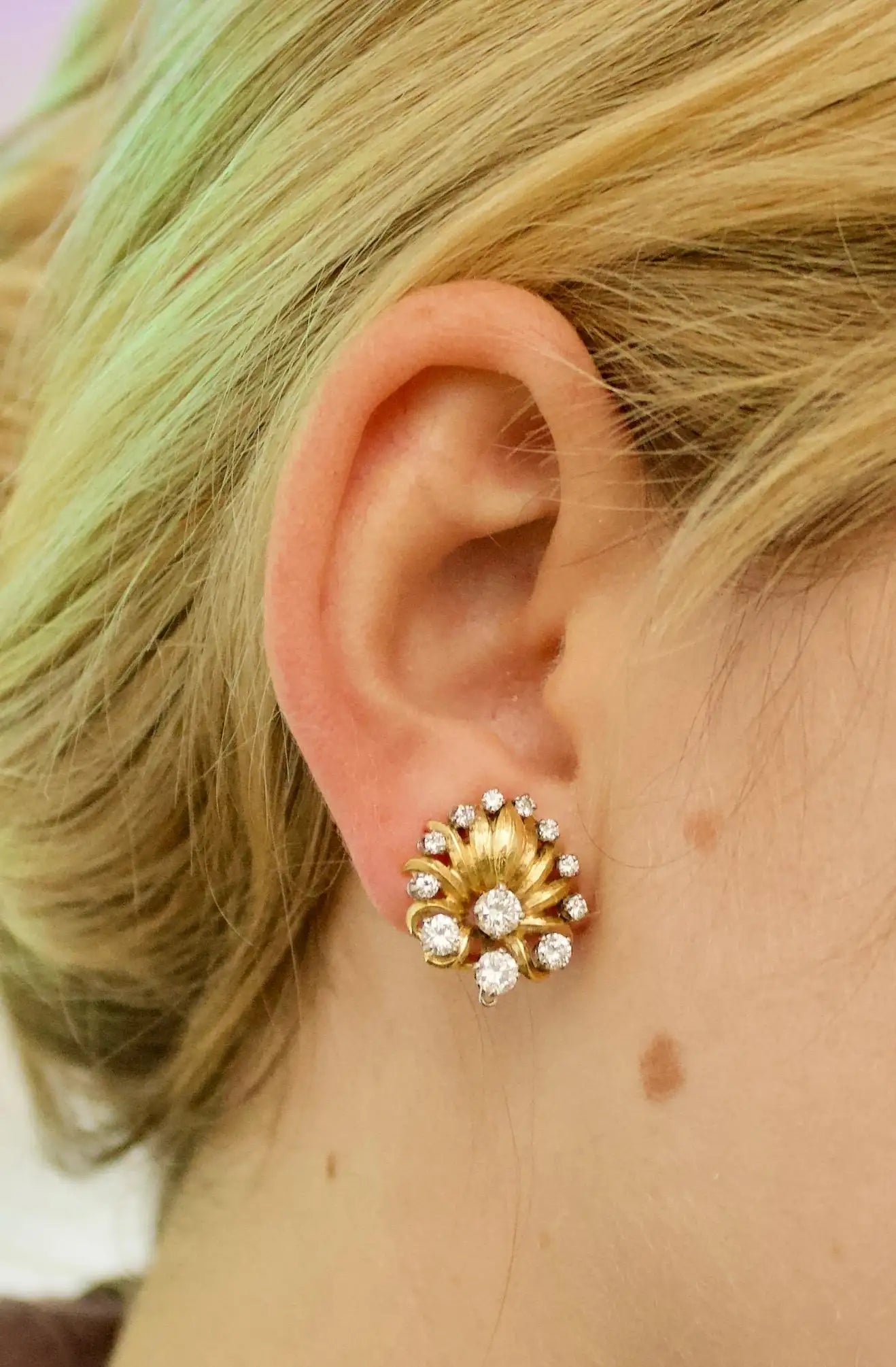 Delightful 18k Yellow and White Gold Earrings, Circa 1950's