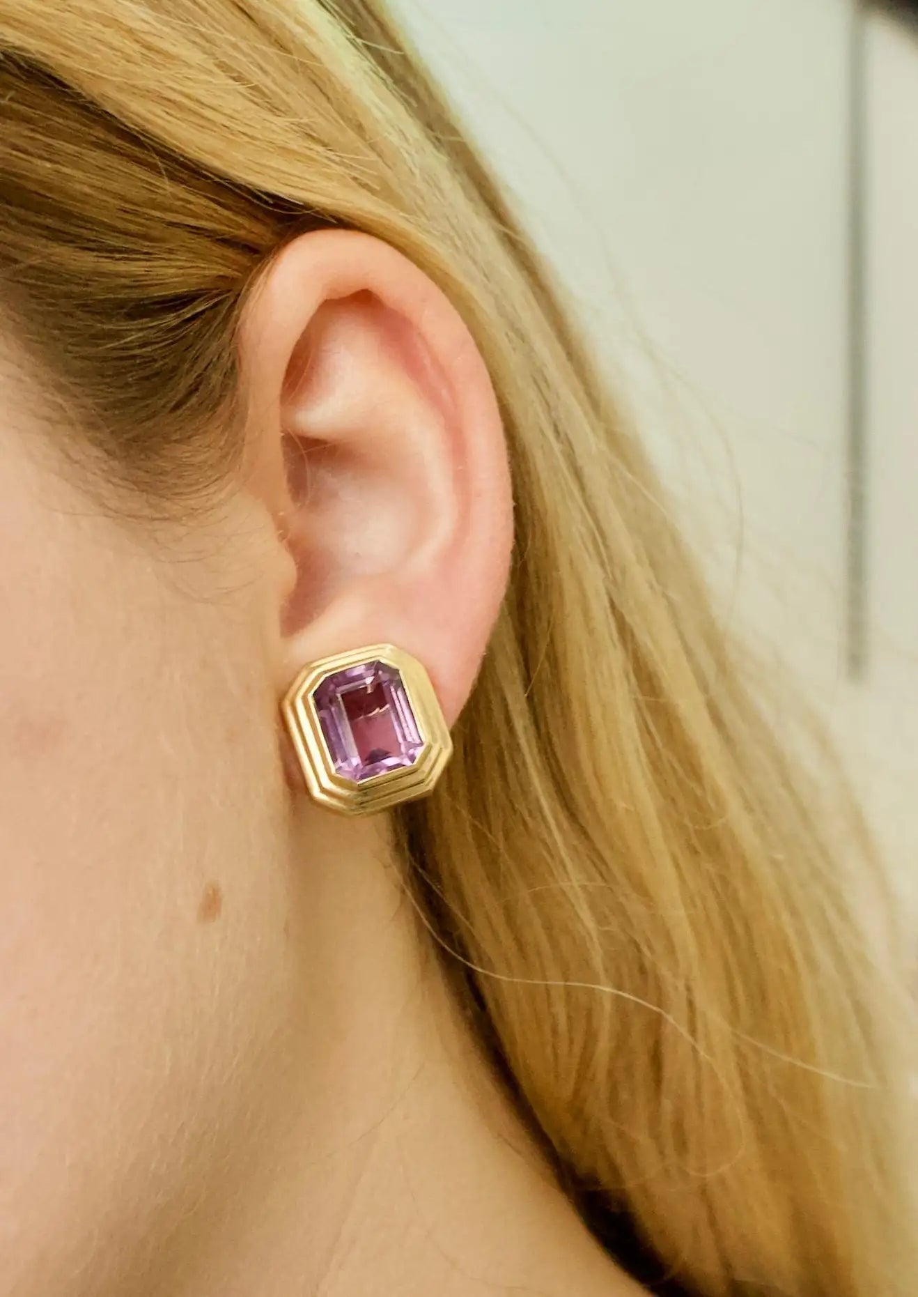 Emerald Cut Amethyst Earrings in 18k Yellow Gold