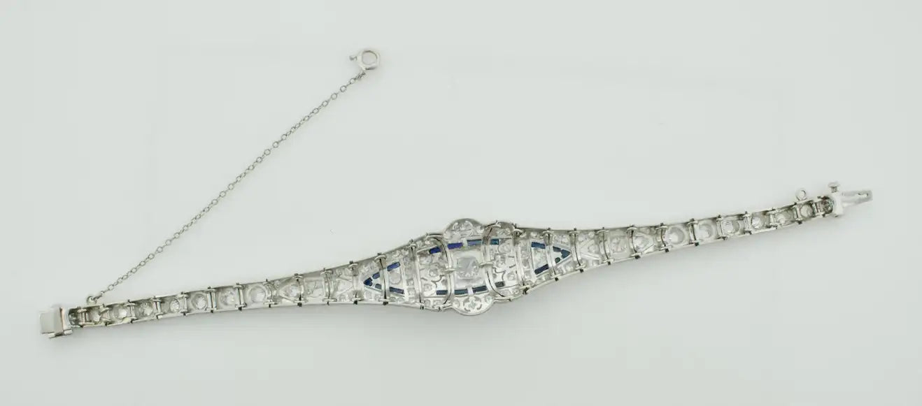 Petite Extreme Art Deco Platinum Diamond and Synthetic Sapphire Bracelet C.1920