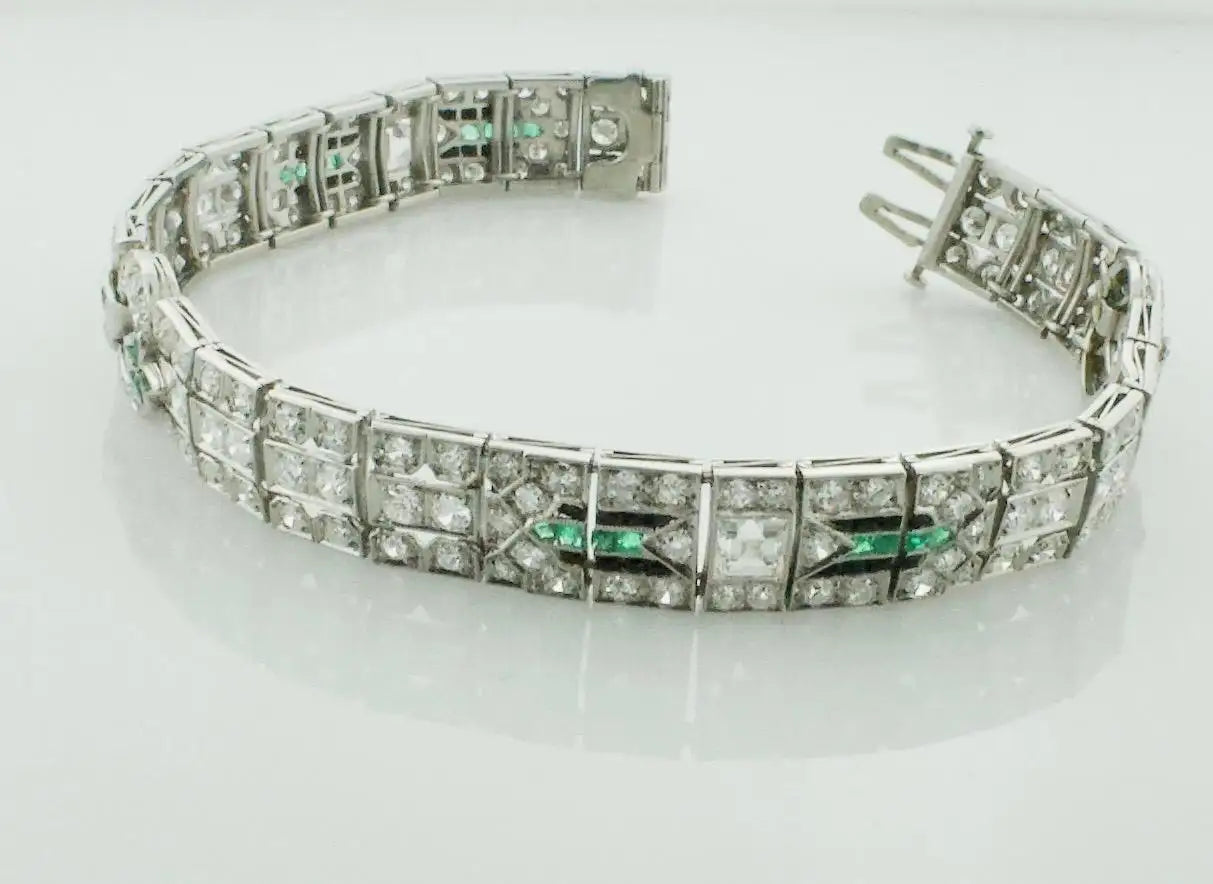 Extreme Art Deco Diamond, Emerald and Onyx Platinum Bracelet