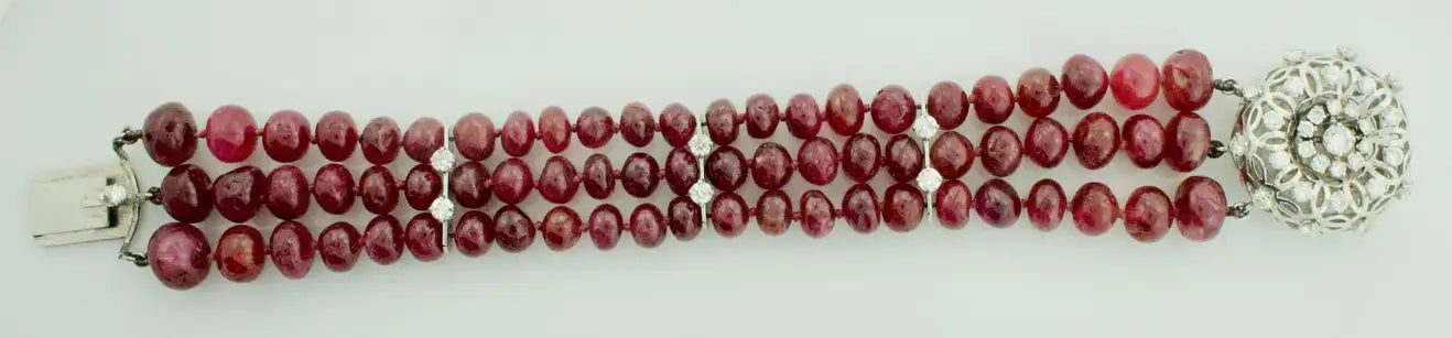 225 Carats Ruby Bead and Diamond Bracelet in White Gold