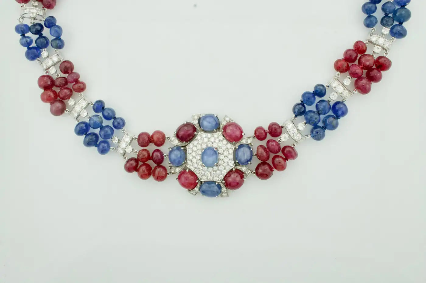 Retro Sapphire, Ruby and Diamond Necklace Platinum Circa 1950's