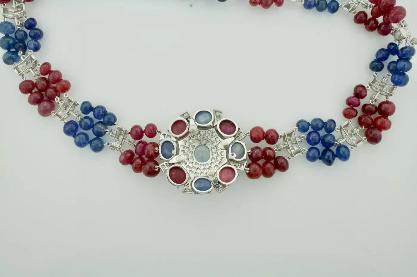 Retro Sapphire, Ruby and Diamond Necklace Platinum Circa 1950's