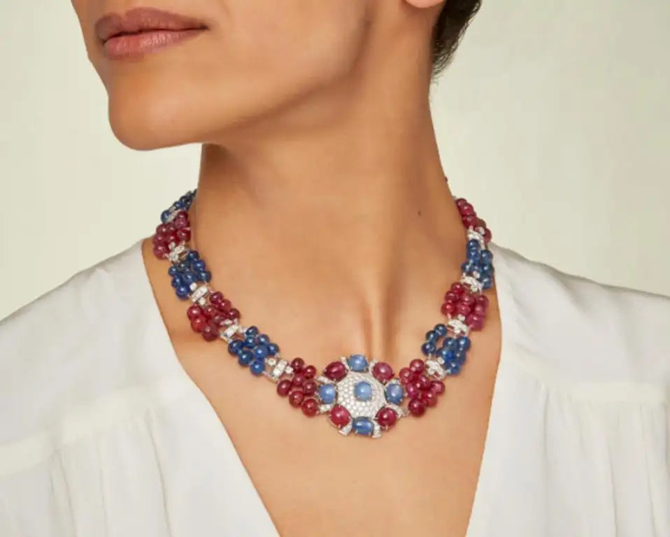 Retro Sapphire, Ruby and Diamond Necklace Platinum Circa 1950's
