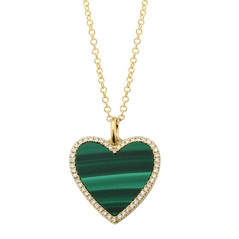 Yellow Gold Malachite and Diamond Heart Necklace