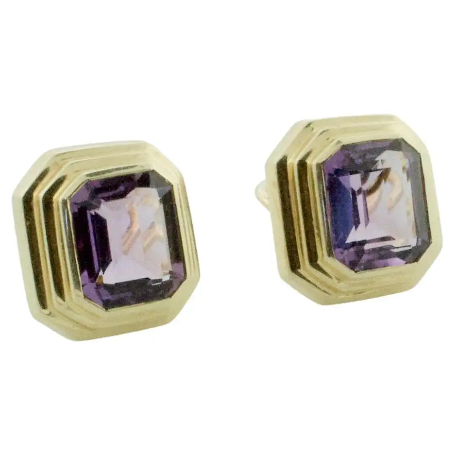 Emerald Cut Amethyst Earrings in 18k Yellow Gold
