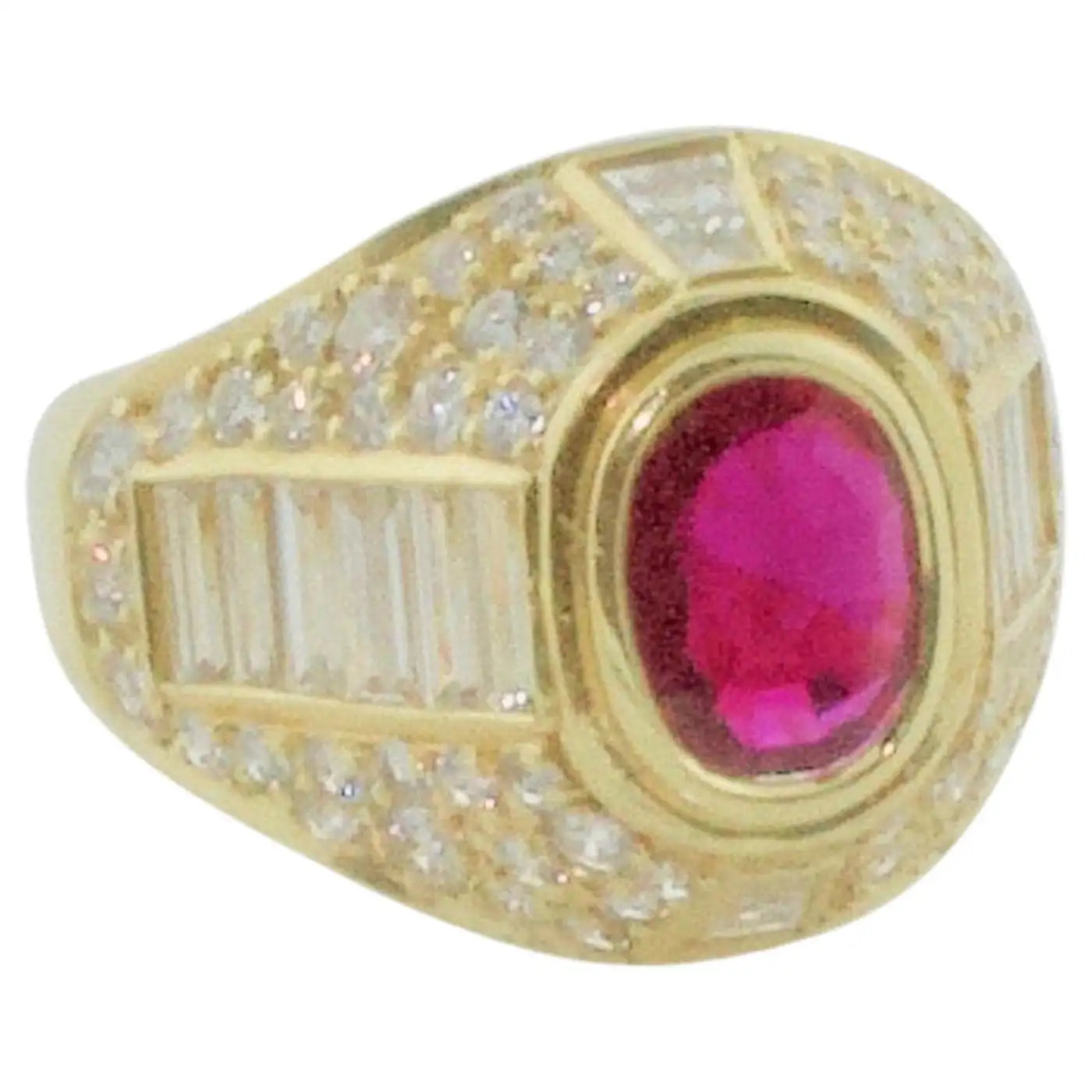 Burma Ruby and Diamond Cigar Band Style Ring in 18k Yellow Gold