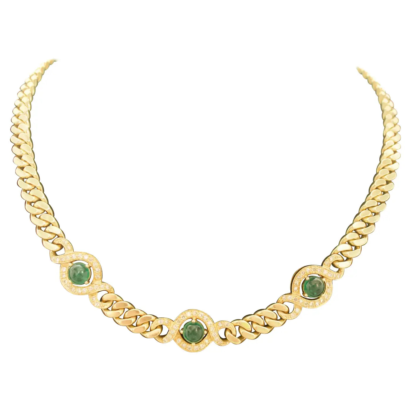 Emerald and Diamond Vintage "Cuban Link" Necklace in 18k Yellow Gold