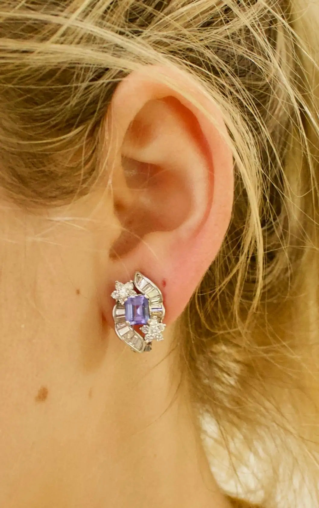 Classy Tanzanite and Diamond Earrings in 18k White Gold