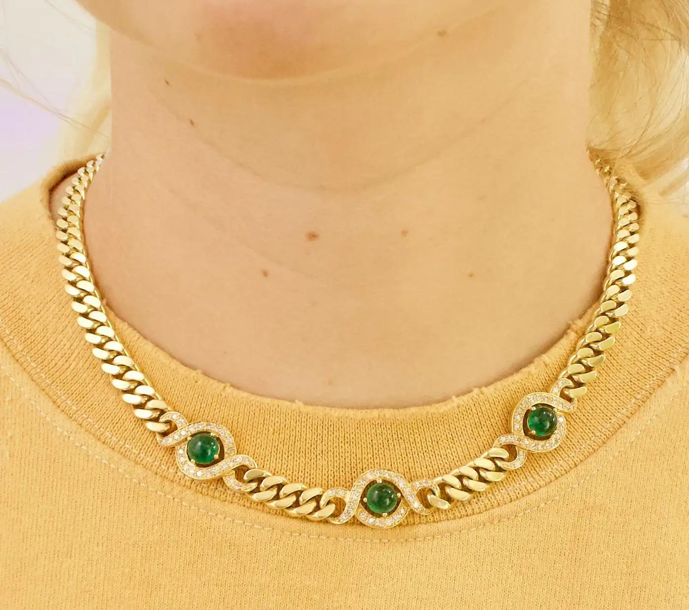 Emerald and Diamond Vintage "Cuban Link" Necklace in 18k Yellow Gold