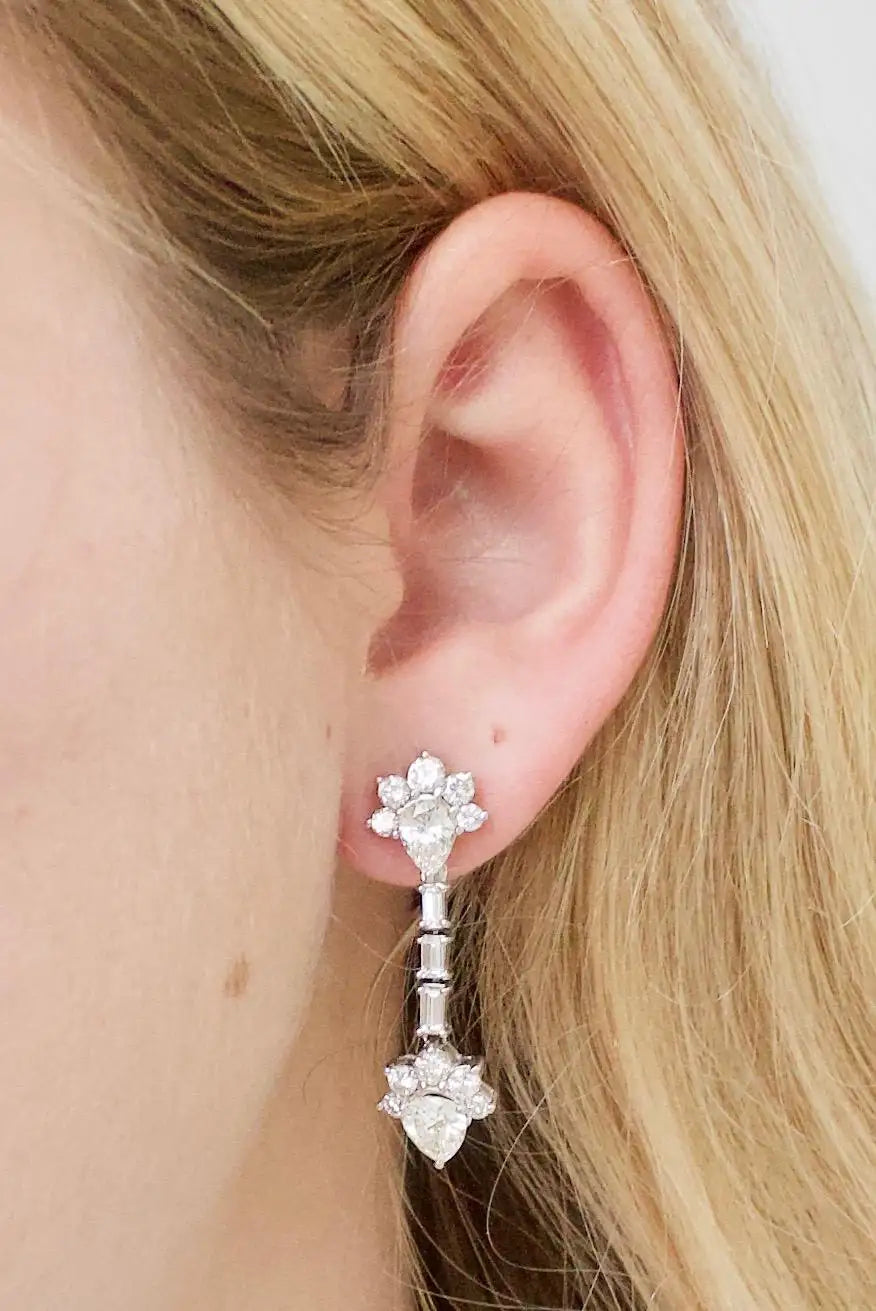 Dangling Diamond Platinum Earrings Circa 1950's 4.20 cts. Total Weight