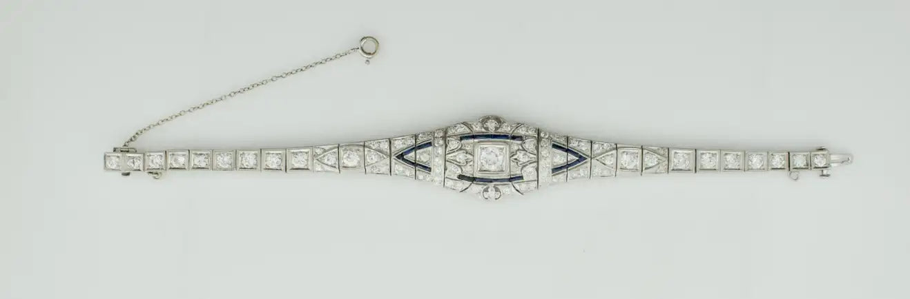 Petite Extreme Art Deco Platinum Diamond and Synthetic Sapphire Bracelet C.1920