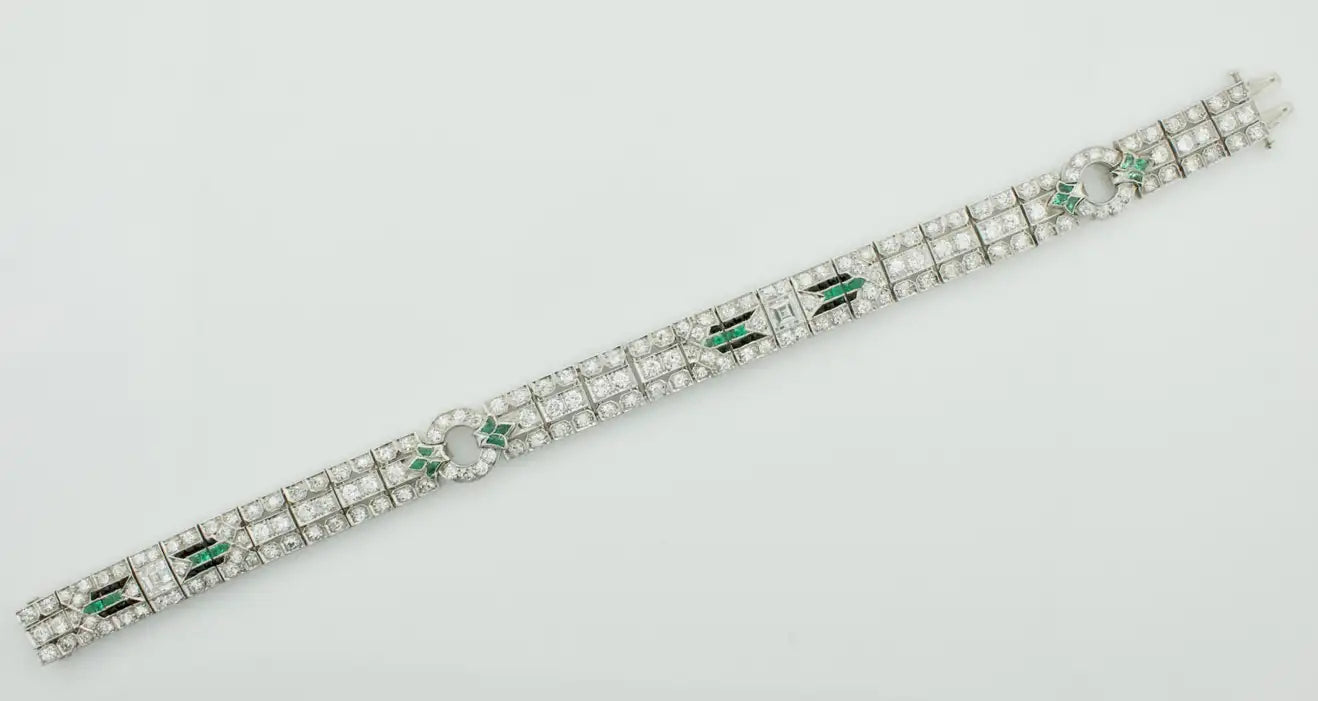 Extreme Art Deco Diamond, Emerald and Onyx Platinum Bracelet