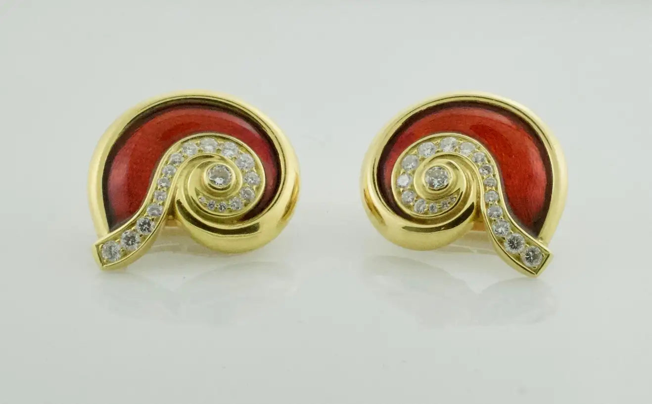 Leo De Vroomen Diamond and Guilloché Red Enamel Earrings in 18k