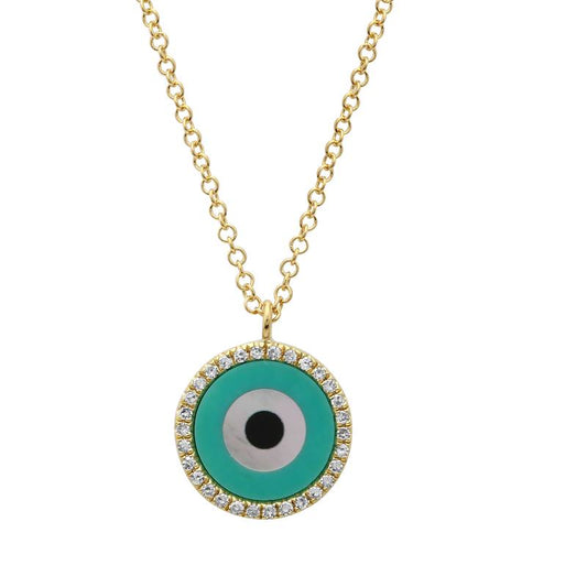 14kt Yellow Gold Turquoise and Diamond Evil Eye Necklace