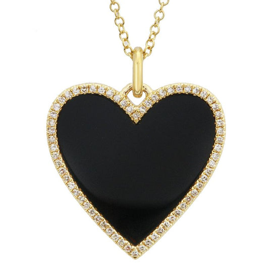Yellow Gold Onyx and Diamond Heart Necklace