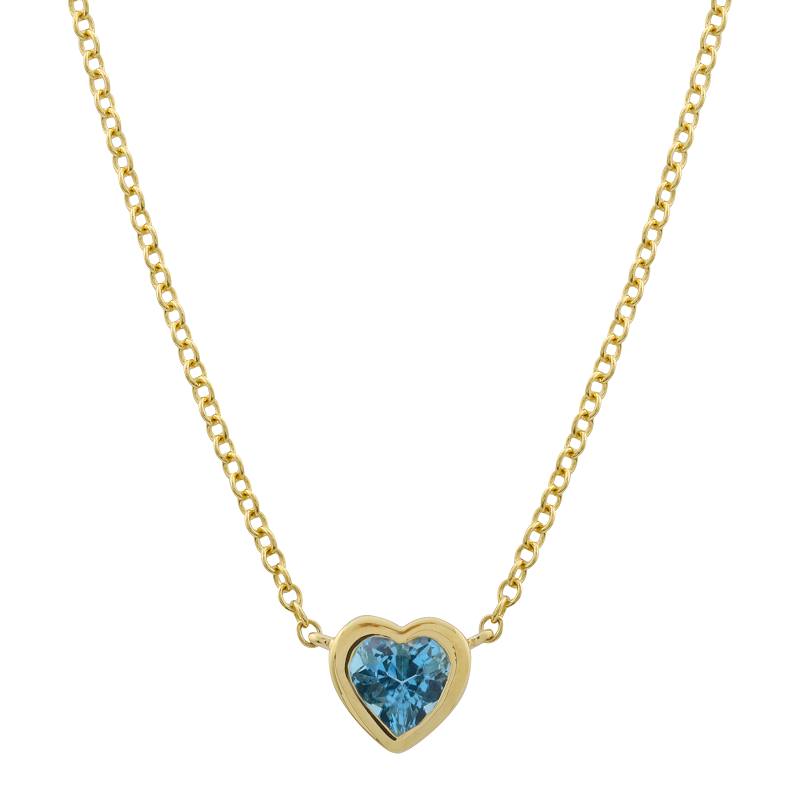 Yellow Gold Bezel Set Heart Blue Topaz Necklace