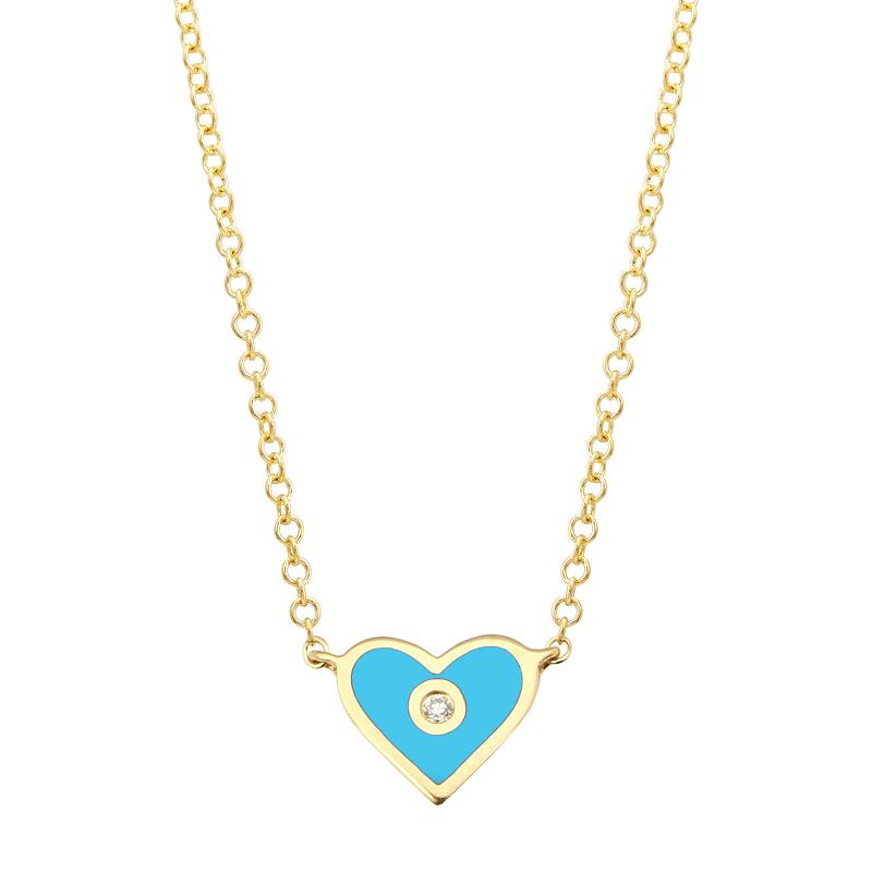 Yellow Gold Enamel Diamond Turquoise Heart Necklace
