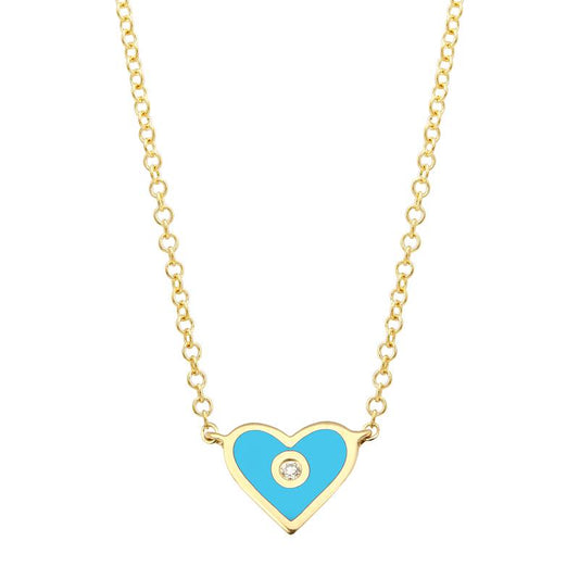 Yellow Gold Enamel Diamond Turquoise Heart Necklace