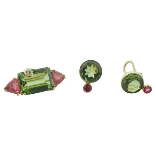 Peridot and Tourmaline Brooch and Earrings Set