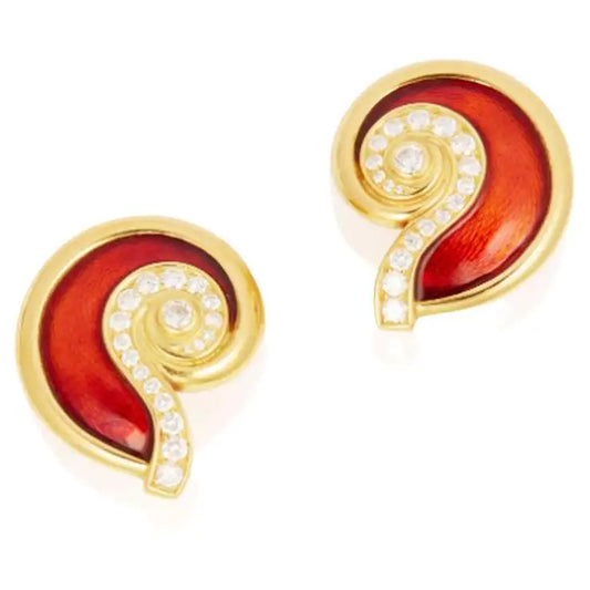 Leo De Vroomen Diamond and Guilloché Red Enamel Earrings in 18k